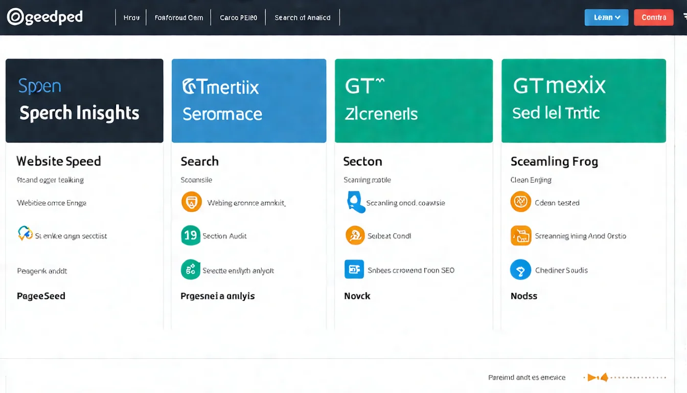 網站優化工具推薦圖,分類展示 PageSpeed Insights、Search Console、GTmetrix、Screaming Frog 等工具的用途